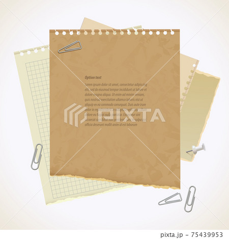 Blank worksheet exercise book. Old heavy paper with ragged edge. Vector illustration. Isolated on white background. Set 75439953