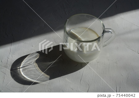 Milk in a glass on a gray background with a hard light. horizontal image 75440042