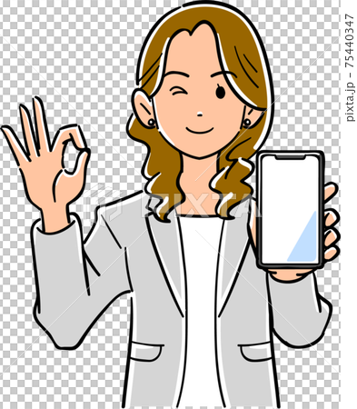 スマートフォンを手に持ちOKのサインを出すスーツ姿の女性 75440347
