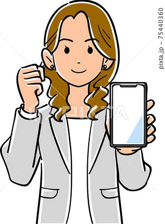 スマートフォンを手に持ちガッツポーズするスーツ姿の女性のイラスト素材