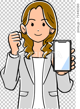 スマートフォンを手に持ちガッツポーズするスーツ姿の女性のイラスト素材