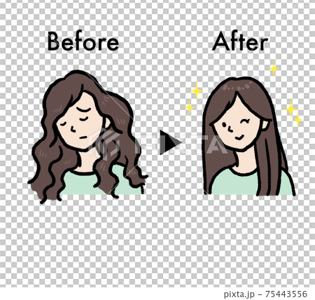 うねり髪からツヤツヤストレートヘアのビフォーアフターイラストのイラスト素材