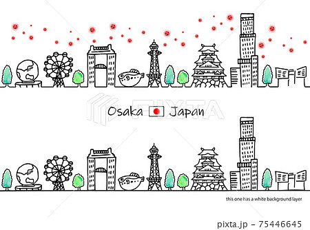 新型コロナウイルスと大阪の街並み線画イラストのイラスト素材