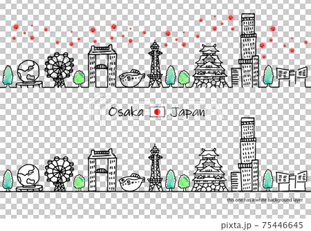 新型コロナウイルスと大阪の街並み線画イラスト 75446645