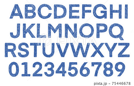 青の数字や大文字アルファベットのセット 手書き風 のイラスト素材