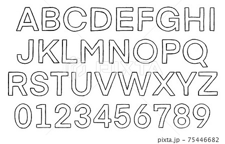黒の数字や大文字アルファベットのセット（枠線） 75446682