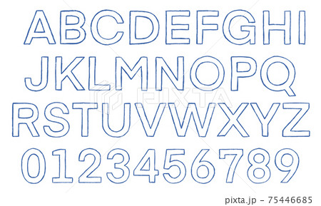 青の数字や大文字アルファベットのセット（枠線） 75446685