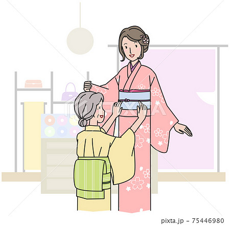 訪問着の着付けをするシニア女性 75446980