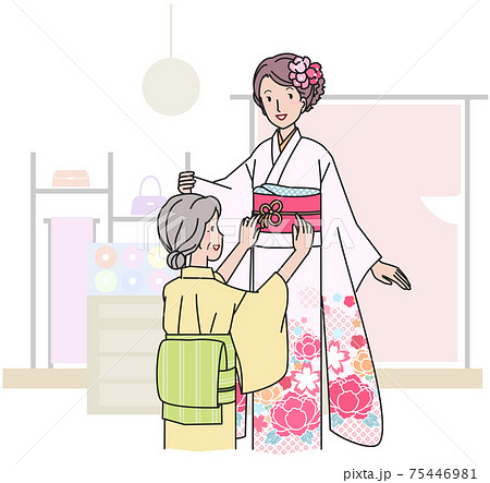 振り袖の着付けをするシニア女性 75446981