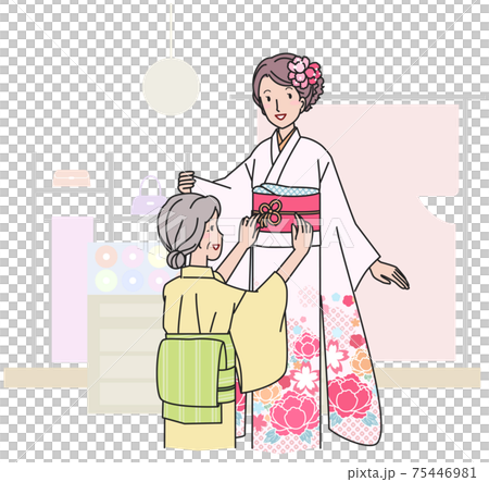 振り袖の着付けをするシニア女性 75446981