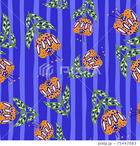 Abstract random seamless pattern with orange colored folk flowers elements. Blue striped background. Bright design. 75447083