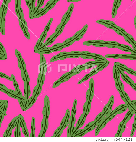 Abstract doodle creative seamless pattern with green random seaweed shapes print. Pink background. 75447121