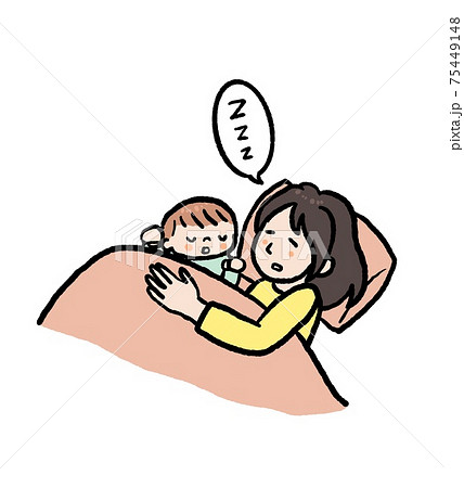 赤ちゃんを寝かしつけて一緒に眠ってしまうお母さんのイラストのイラスト素材