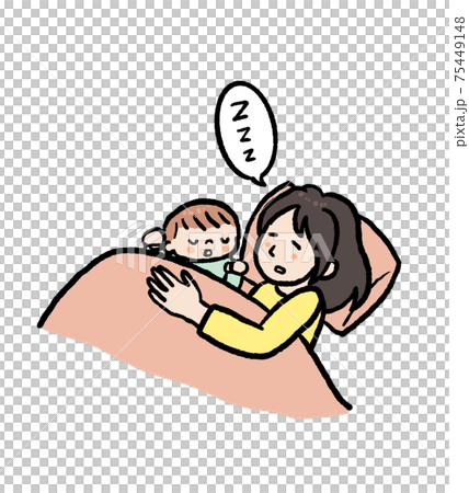 一位母親讓她的孩子睡覺和和她一起睡覺的插圖 75449148