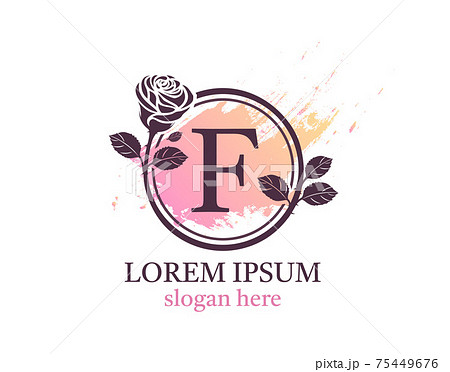 Letter F monogram logo. Circle floral style with beautiful roses. Feminine Icon Design. 75449676