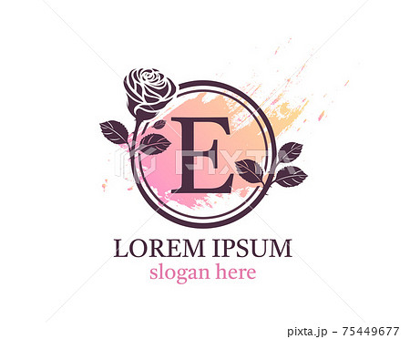 Letter E monogram logo. Circle floral style with beautiful roses. Feminine Icon Design. 75449677