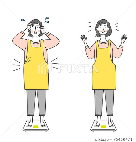 体重計と太り気味と普通体型のエプロンの女性のセットのイラスト素材