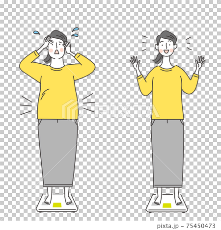 一套體重秤和一個肥胖和正常大小的女人 75450473