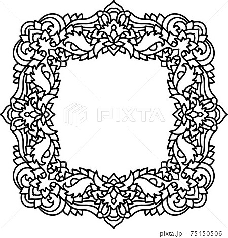 Abstract mandala frame. Asian leaves pattern. Black and white authentic background. Vector illustration. 75450506