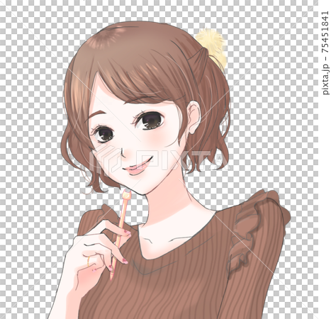 ペンをもつゆるふわハーフアップの笑顔の女性のイラストのイラスト素材
