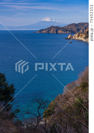 (静岡県)西伊豆の海岸線から望む富士山 (静岡県)西伊豆の海岸線から望む富士山 75452353