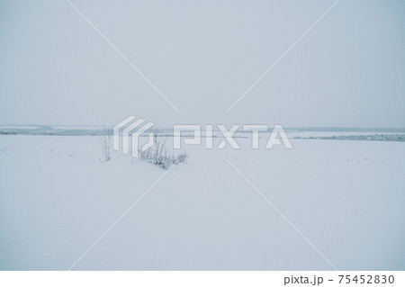 Winter frosty landscape of the river with broken ice 75452830