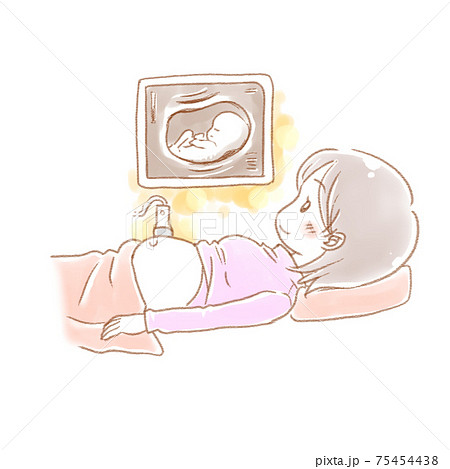 胎児の超音波エコーの画面を穏やかな笑顔で見つめる妊婦のイラスト素材