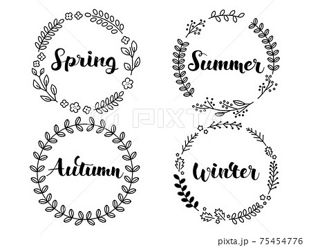 春夏秋冬 ハンドレタリング 手書き文字のロゴセット 白黒のイラスト素材