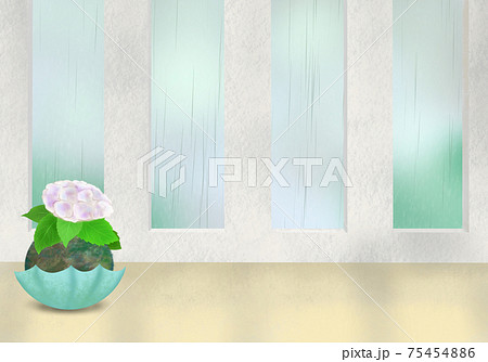 ナチュラルな空間 傘の形の器に飾った白い紫陽花の苔玉のある明るい雨の窓辺の背景イラストのイラスト素材