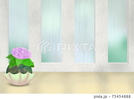 ナチュラルな空間 傘の形の器に飾った赤紫色の紫陽花の苔玉のある明るい雨の窓辺の背景イラストのイラスト素材