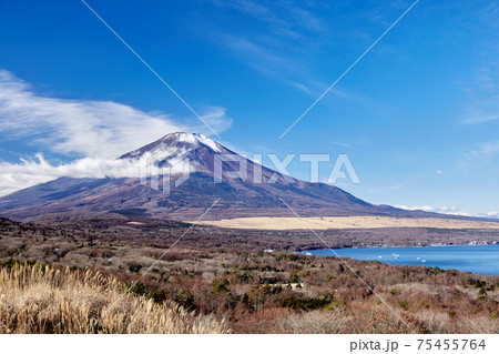 冬、12月としては冠雪が少ない富士山を山中湖パノラマ台付近から望む 冬、12月としては冠雪が少ない富士山を山中湖パノラマ台付近から望む 75455764