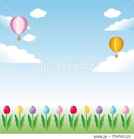 チューリップ 気球 空 春 花 雲 風景 フレーム 背景 コピースペース イラスト素材のイラスト素材