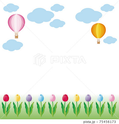 チューリップ 気球 空 春 花 雲 風景 フレーム 背景 コピースペース イラスト素材のイラスト素材