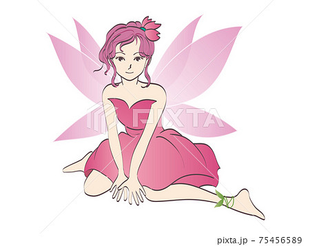 座っている妖精 ピンク色の羽 のイラスト素材