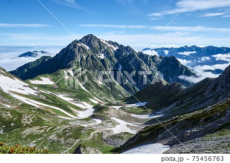 別山山頂付近から撮った快晴の剱岳全景と裾野に広がる剱沢 別山山頂付近から撮った快晴の剱岳全景と裾野に広がる剱沢 75456763