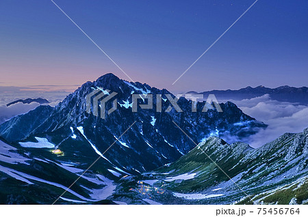 別山山頂付近から撮った日没後の剱岳　剱沢キャンプ場のテント群の灯りがまるで宝石のようにみえました 75456764