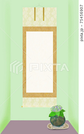緑色のあじさいの苔玉 陶の皿にガラス玉 と掛軸 白い文字スペースあり の和モダンな床の間飾りのイラスのイラスト素材