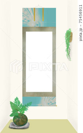 トキワシノブ シダ の苔玉と掛軸 白い文字スペースあり の和モダンな床の間飾りのイラストのイラスト素材