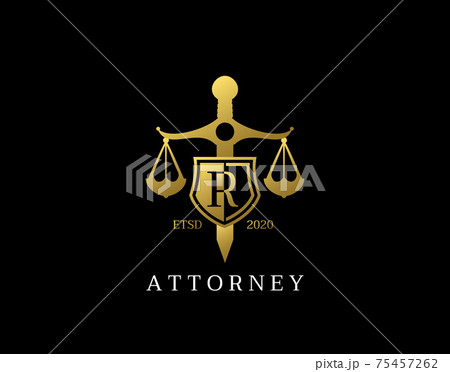 R Letter Law Logo design with golden sword, shield, wreath symbol vector design. Perfect for for law firm, company, lawyer or attorney office logo. 75457262