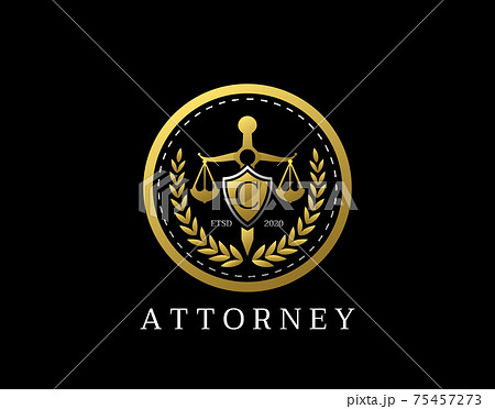 Letter C Law Logo design with golden sword, shield, wreath symbol vector design. Perfect for for law firm, company, lawyer or attorney office logo. 75457273