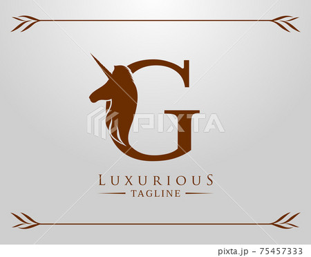 Capital Letter G with a Unicorn. Royal Logo. King Stallion in Jump. Unicon Letter Icon. Stylish Graphic Template Design 75457333