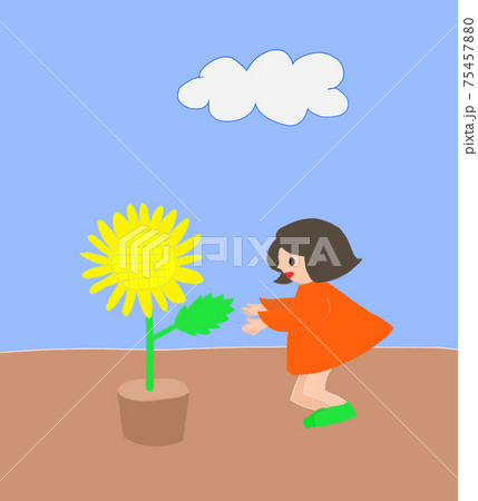 ひまわりと女の子と青い空 75457880