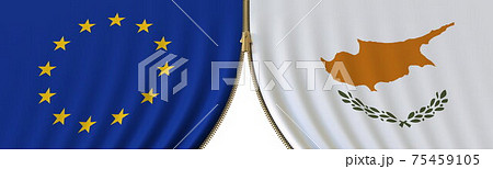 EU and Cyprus cooperation or conflict, flags and closing or opening zipper between them. Conceptual 3D rendering 75459105