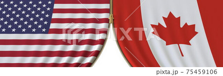United States and Canada political cooperation or conflict, flags and closing or opening zipper, conceptual 3D rendering 75459106