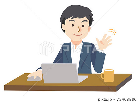 家族に手を振るテレワークをする男性 75463886