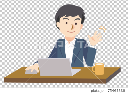 家族に手を振るテレワークをする男性 75463886