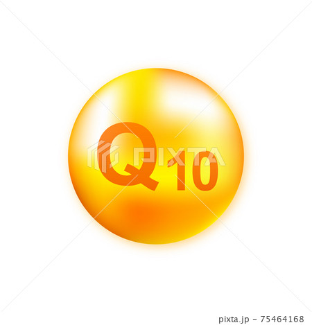 Vitamin complex Q10 with realistic drop on gray background. Particles of vitamins in the middle. Vector illustration. Vitamin complex Q10 with realistic drop on gray background. Particles of vitamins in the middle. Vector illustration. 75464168