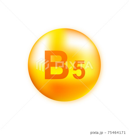 Vitamin B5 with realistic drop on gray background. Particles of vitamins in the middle. Vector illustration. 75464171