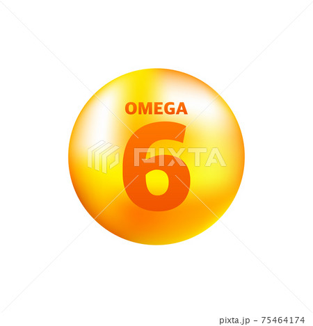 Vitamin omega 6 with realistic drop on gray background. Particles of vitamins in the middle. Vector illustration. 75464174