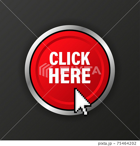 Icon with click here 3D button on dark background for web marketing design. Flat deign. Social media element. White background. Vector illustration. 75464202